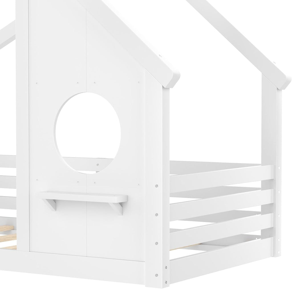Solid Wood Tw Shape Floor Bed Frame for Kids with Window, Roof, Guardrails and Small Shelf, Montessori Low Profile