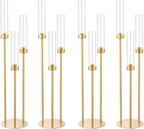 4pcs Gold Candelabra 3 Arm Taper Candle Holders with Acrylic Lampshade, 33.8'' Tall Candelabra Centerpiece for Table