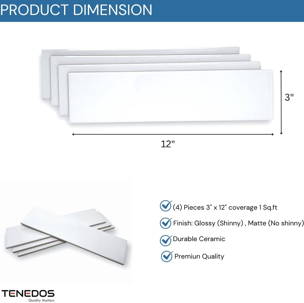 White 3x12 Matte Ceramic Subway Tile Backsplash Bathroom Wall Shower Accent - 12.5 Sqft Box (50 Pieces)