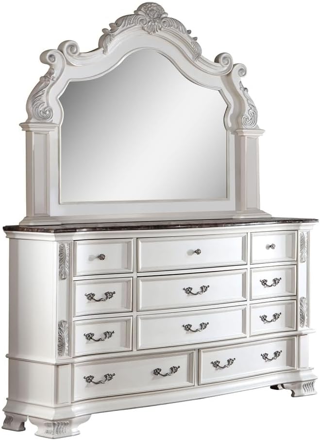 Luxury White 1pc Dresser Dovetail Drawers Genuine Marble Top Bronze Round Knob and Hanging Pulls Bedroom Traditional