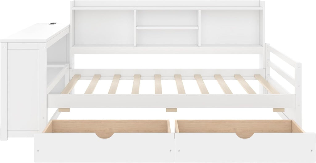 Twin Size Daybed with Desk, Corner Bed with Storage, White | Storage Shelves and Drawers, Charging Station & USB