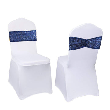 Set of 20 Sequin Sashes Bows Navy Blue Chair Sashes for Wedding Party Chair Cover Decorations
