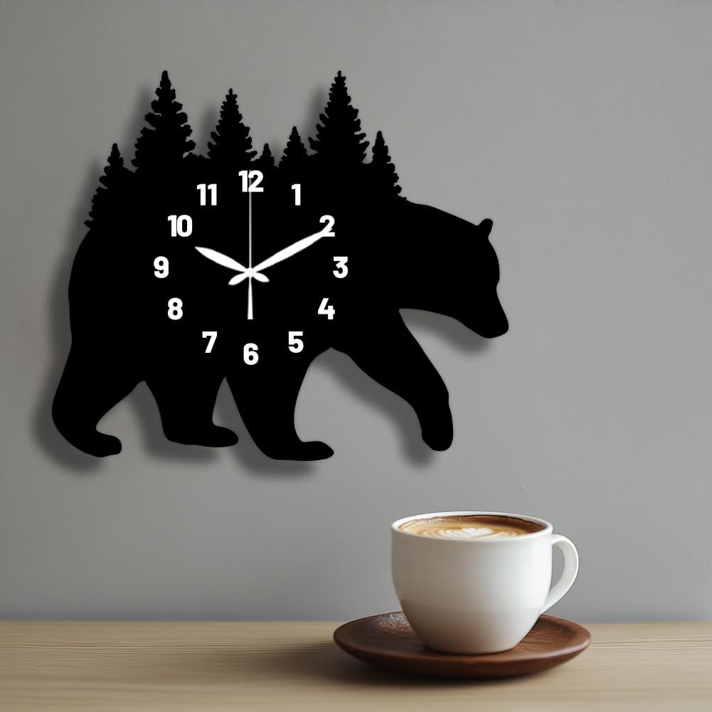 Bear Carrying Forest Pattern Wall Clock 15.2 Inch Wood Grain Non-Ticking Irregular Shape Clocks Wall Hanging Clock