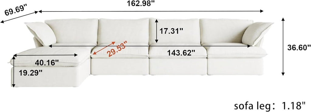 L Shape Sectional Couches, 5 Seat Modular Sofas Sectional, Modern Couch Sofa with Chaise Ottoman, Cushion Covers Removable, Two Corners and Two Middle Sofa for Living Room (White)