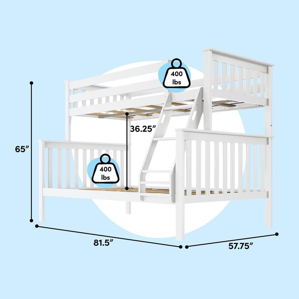 Bunk Bed Twin Over Full with Ladder, Solid Wood Platform Bed Frame with Ladder for Kids, 14" Safety Guardrails