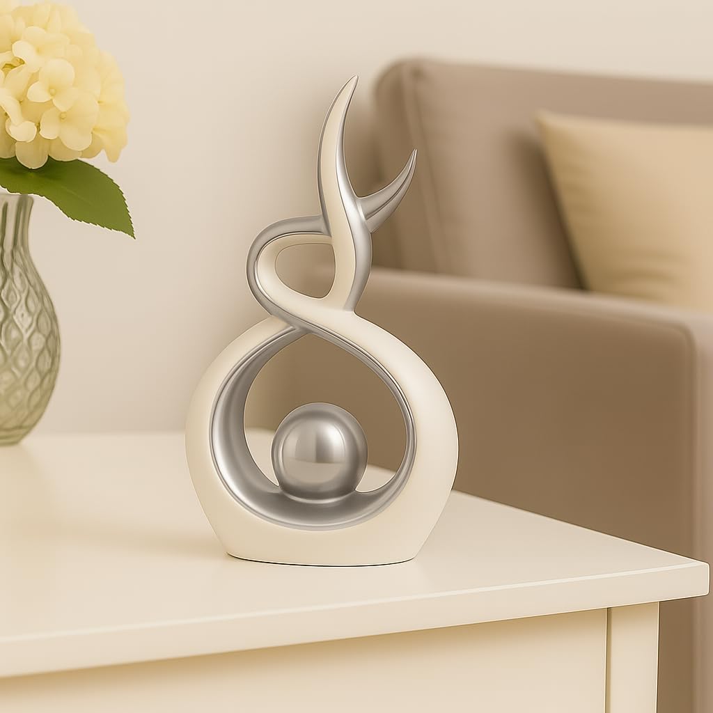 White & Silver Abstract Ceramic Ornament - Modern Decorative Sculpture , Shelf & Coffee Table Decor - Minimalist Home