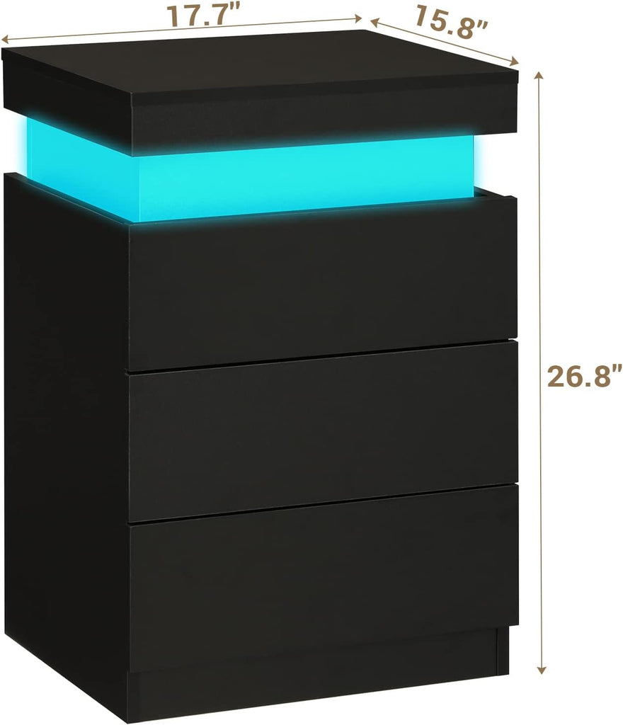 Black Nightstand with Charging Station and LED Lights | Modern Night Stand with Sliding Top,Bedside Table with