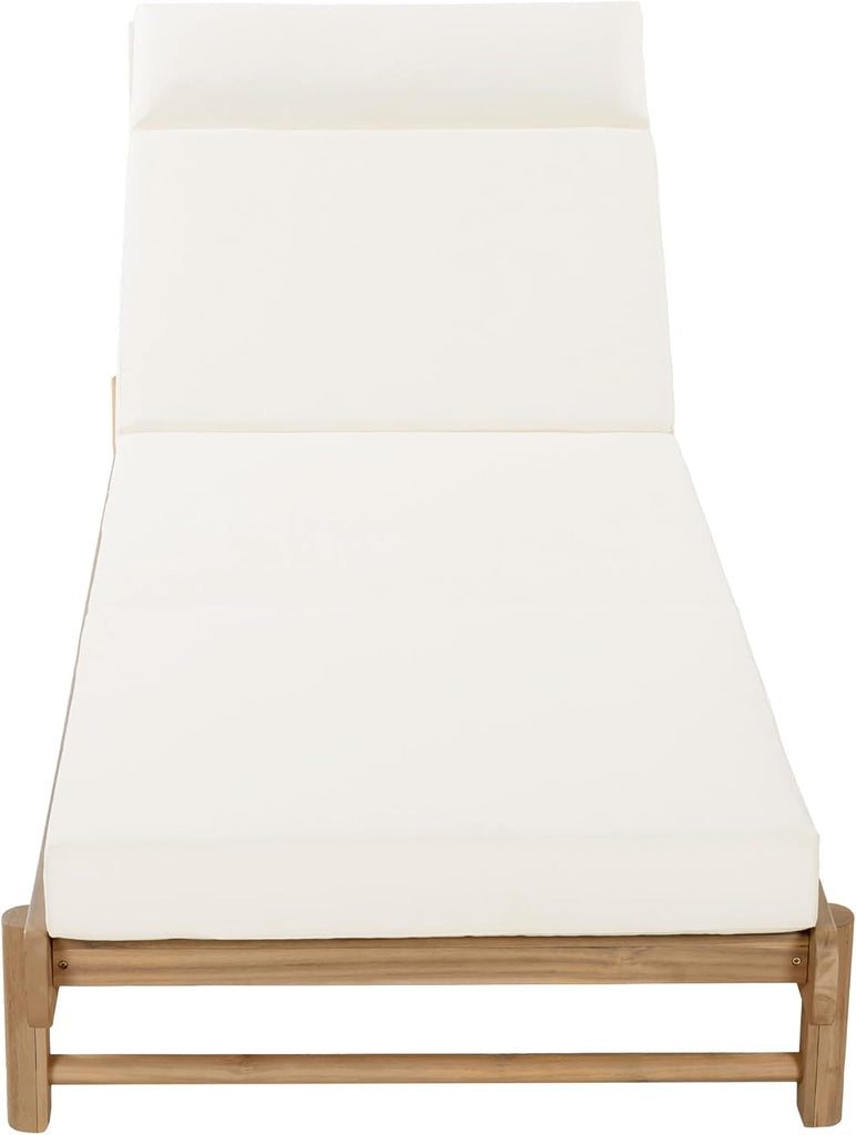 Outdoor Chaise Lounge, 4-Fold Cushion with Built-in Headrest, Acacia Wood Recliner Chair with Slatted Design