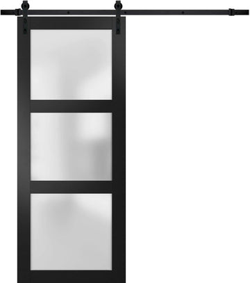Lucia 2552 | Interior Single Sliding barn Door with Frosted Glass, Solid Wood, 32x84, Black, Modern Style | Hardware