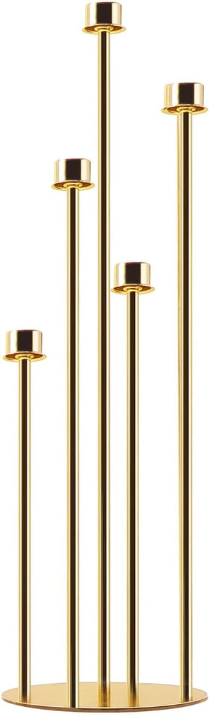 Gold 5-Arm Metal Cluster Taper Candelabra Candle Holders Includes Led Candles & Remote Control, Votive Pillar Candle