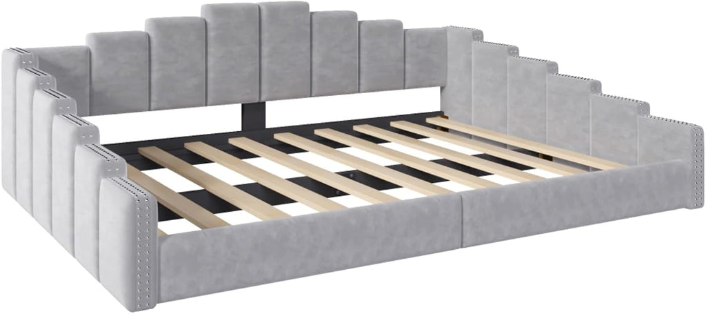Queen Size Upholstered Daybed with Nailhead Trim Armrest, Gray | Velvet Vertical Channel Tufted Day Bed with