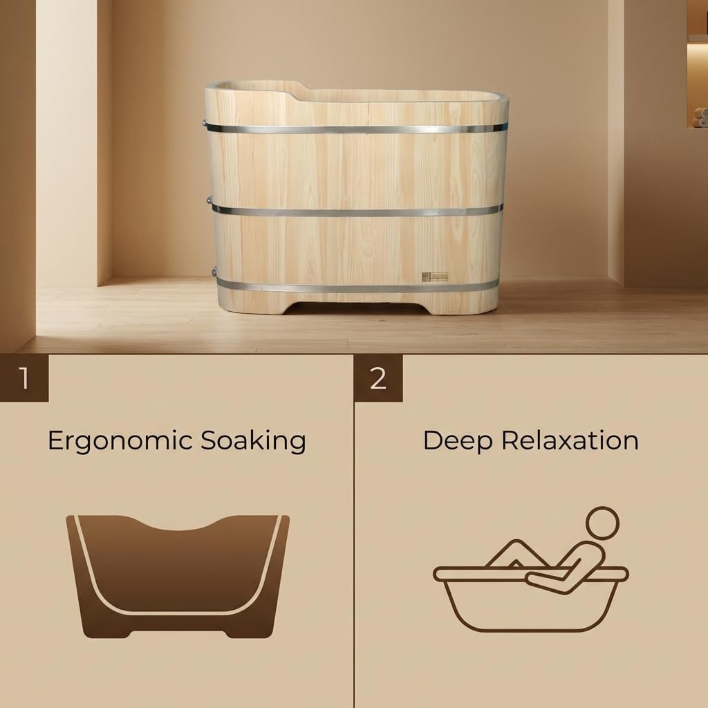 Premium Japanese Hinoki Wood Soaking Tub - 47.2" Freestanding Bathtub with Copper Drain