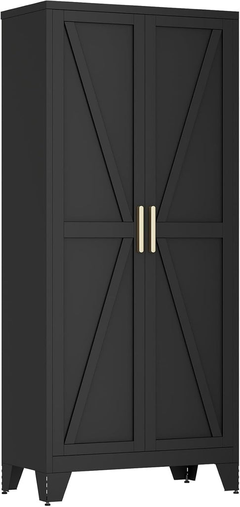 71" Metal Storage Cabinet with Doors and Shelves, Tall Pantry Cabinet in Black with 2 Doors & 4 Adjustable Shelves