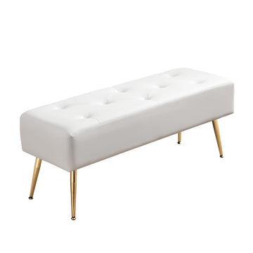 Upholstered Tufted White Bench Ottoman with Padded Seat, Footrest Foot Stool with Sturdy Metal Leg, White Leather