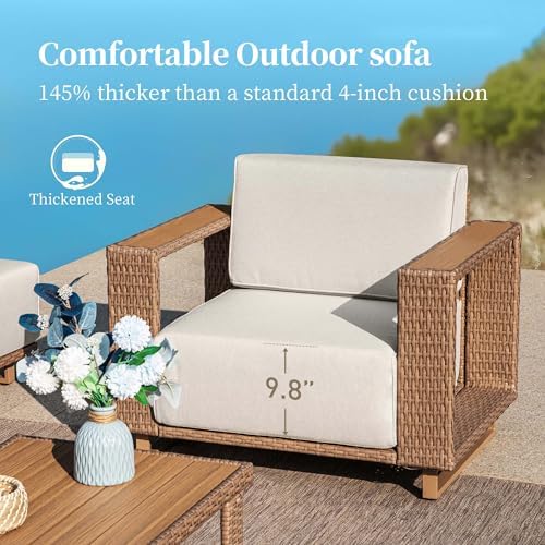 Rattan Outdoor Patio Furniture Set | Beige All-Weather Resistant with Thick Cushions for Backyard, Garden & Porch