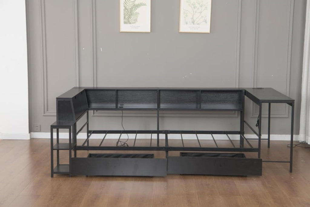 Twin Corner Bed Frame with Desk and Storage, Twin Size cornner Bed with Charging Station and LED Light, Wood Daybeds