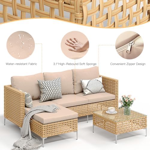3-Piece Wicker Outdoor Patio Furniture Set | Beige All-Weather Resistant with Thick Cushions for Patio, Garden & Porch