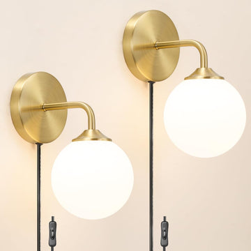 Gold Plug in Wall Sconce Set of 2, Wall Light Fixture with Plug in Cord On/Off Switch, Mid Century Art Deco Wall