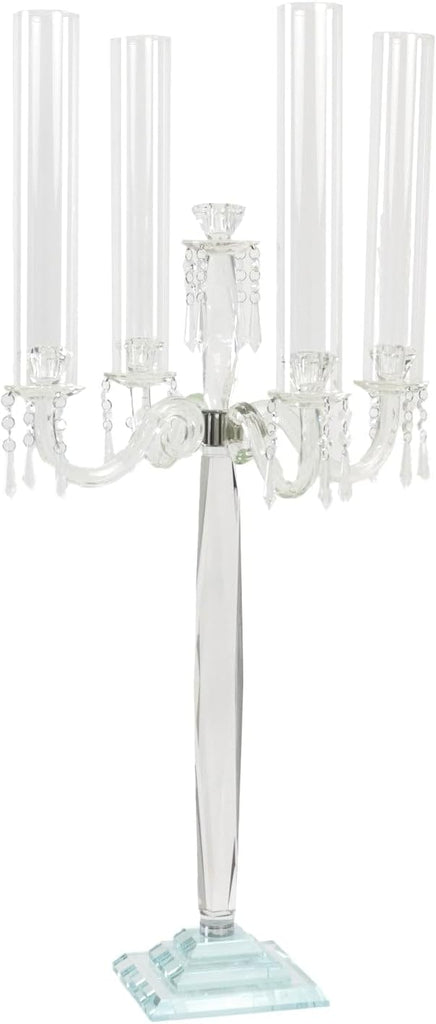 Crystal 4-Arm Candelabra Taper Candle Holder with Hurricane Glass Shades - Table Centerpiece with Pedestal Base &