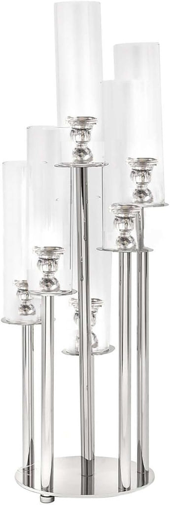 33" Tall - 7 Arms Clear Crystal Cluster Round Candelabra, Pillar Candle Holders with Mirror Base - Perfect