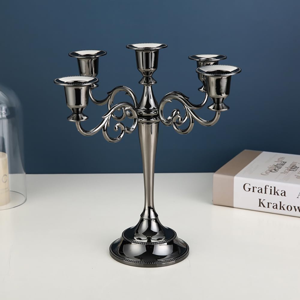 5-Arm Candelabra Centerpiece - 10.6" Tall Metal Taper Candle Holder for 1/2-1 inch Taper Candles, Vintage Decorative