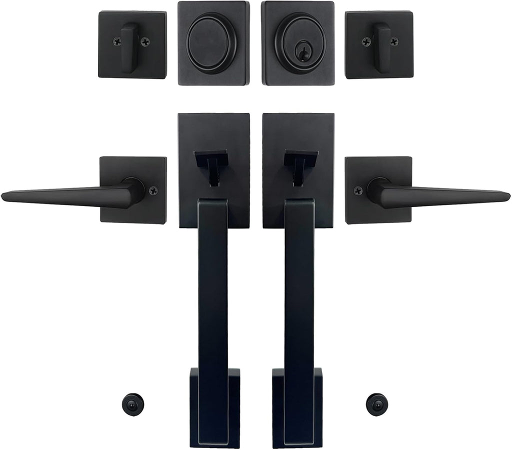 Matte Black Double French Door Handle Set, Halifax Exterior Door Lockset with Deadbolt&Lever - Door Handleset