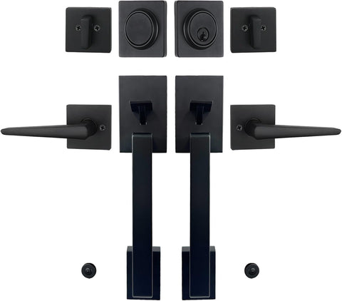 Matte Black Double French Door Handle Set, Halifax Exterior Door Lockset with Deadbolt&Lever - Door Handleset
