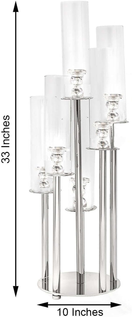 33" Tall - 7 Arms Clear Crystal Cluster Round Candelabra, Pillar Candle Holders with Mirror Base - Perfect