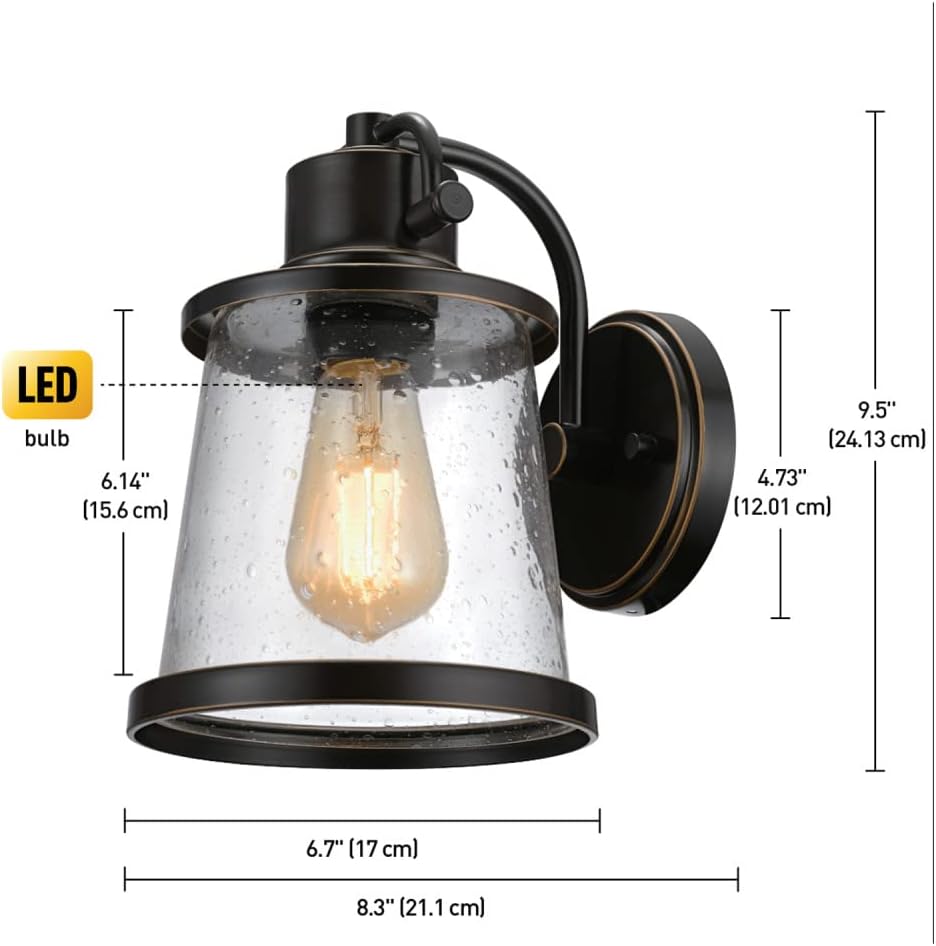 1-Light Outdoor Indoor Wall Sconce, LED Bulb Included, Oil Rubbed Bronze, Clear Seeded Glass Shade, 500 Lumen