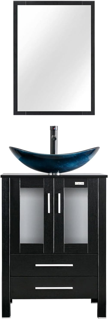 24" Modern Bathroom Vanity with Blue Glass Vessel Sink - Freestanding Cabinet with Soft-Close Door