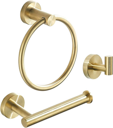 Gold Bathroom Hardware, Toilet Paper Holder Towel Ring and Robe Hook Brushed Gold Bathroom Accessories Set Wall Mount