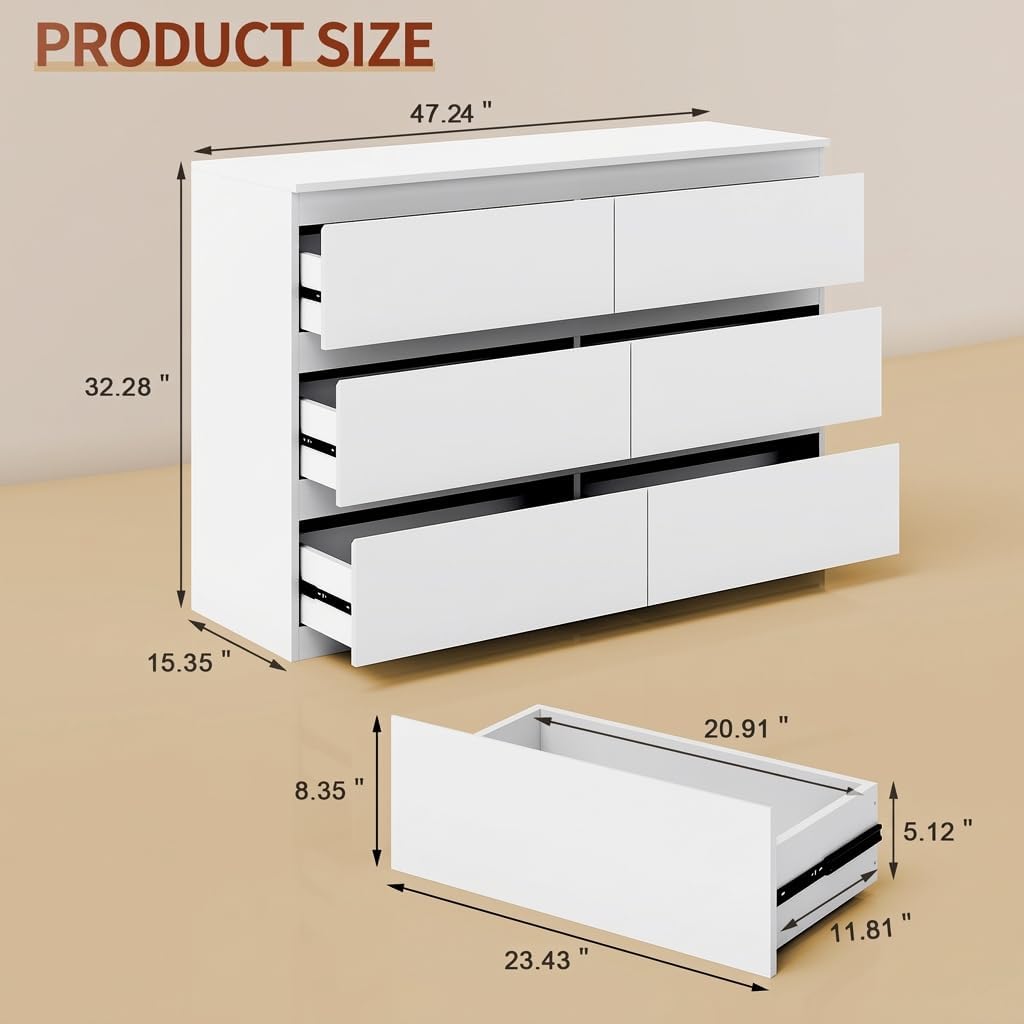 White 6 Drawer Dresser 47" Wide Closet Storage | Wood Dresser, Modern High Gloss, Handle-Free, |TV Stand|Living Room