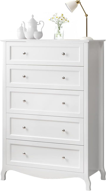 White Dresser 5 Drawer Chest of Drawers , 44.5" Tall Wood Dresser with Drawers, 29.92" W*15.75" D*44.49" H