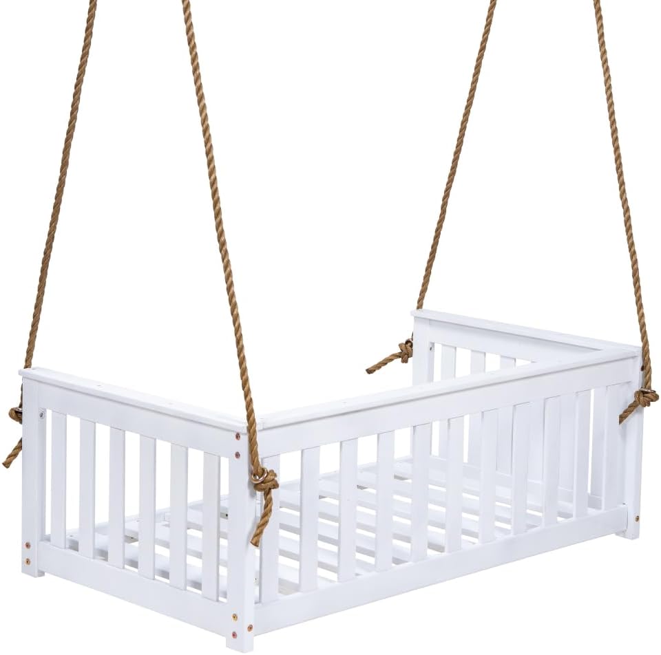 Charleston White Outdoor Daybed Swing with Ropes - Crib Size Porch Swing Bed Made from Acacia Wood