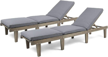 Outdoor Acacia Wood Chaise Lounge (Set of 2), Grey Finish/Dark Grey Cushion