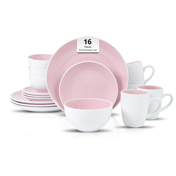 Stoneware Coupe Shape 16pc Dinnerware Set, Outside White + Inside Pink