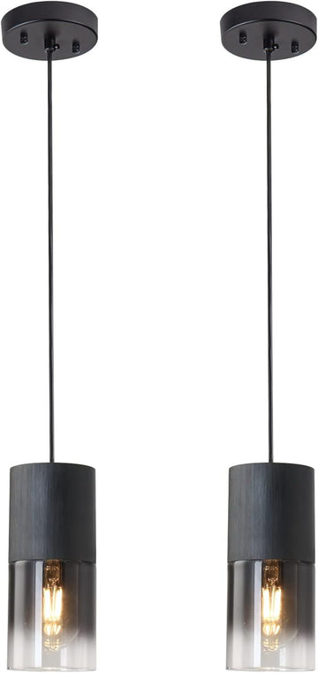 2-Pack Black Pendant Light Fixtures, Adjustable Modern Pendant Lights for Kitchen Island, Industrial Glass Pendant