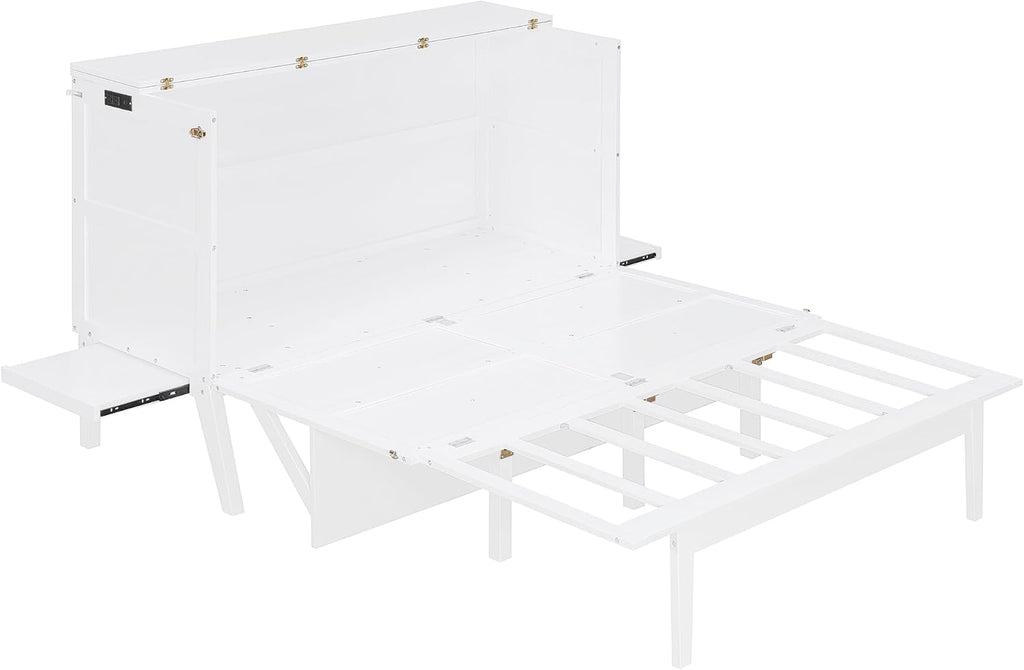 Foldable Murphy Cabinet Bed with Removable Shelves on Each Side and Desk, Queen Wood Murphy Bed with USB Port for Bedroom, White