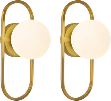 Mid Century Wall Sconces Modern Gold Vanity Wall Lamp with White Globe Lampshade Wall Light Fixture for Bathroom