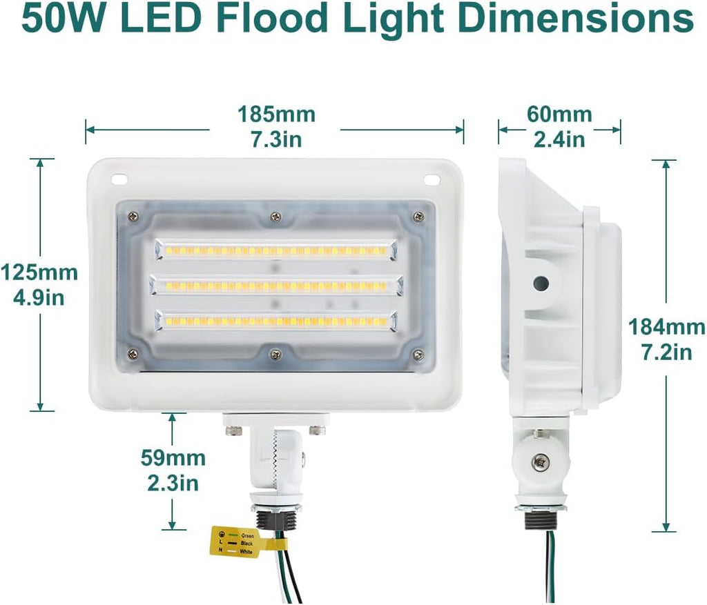 LED Flood Light Outdoor, Dusk-to-Dawn Photocell, 50W/40W/30W 3CCT | 3000K/4000K/5000K 6500LM, IP65 Waterproof