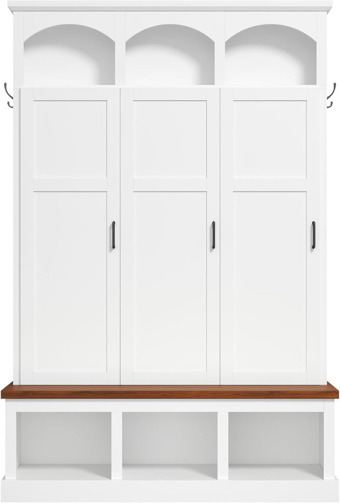 Classic Arched Hall Tree with 3 Hidden Storage, Farmhouse Mudroom Bench with 5 Hooks, Mid-Century Entryway Organizer