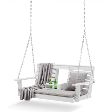 Heavy Duty Poly Lumber HDPE Porch Swing with Mounting Kit and Accessories Outdoor Hanging Chair with Cup Holders