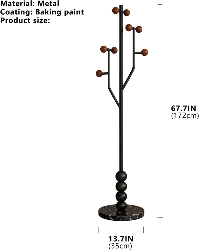 Freestanding Mid-Century Modern Tree Coat Rack | Freestanding metal rack with black marble base & wood spherical hooks
