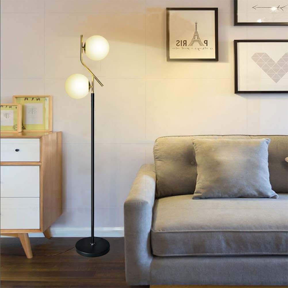 KU300208 Modern Style Two Milky White Glass Orbs and Brass Finish Floor Lamp,Light Pole and Base Black Finish