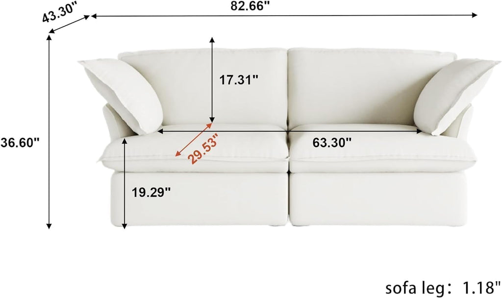 82.66" Cloud Couch for Living Room, Modular Sectional Sofa, Comfy Convertible Sectional Couches, Cushion Covers Removable, Down Filled Sofas for Living Room, Home, Apartment (Love Seat, White)