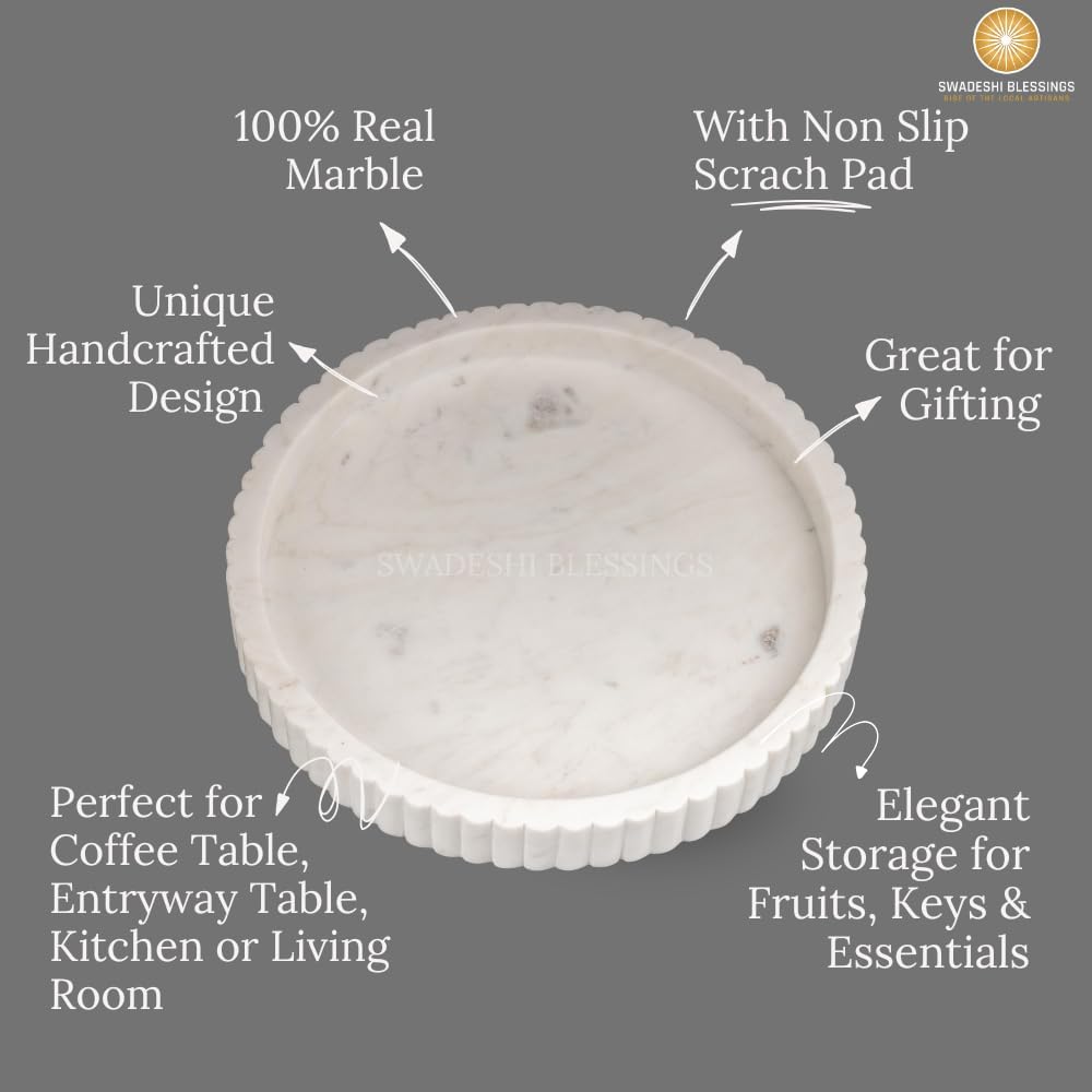 Blessings Handcrafted Marble Decorative Tray for Coffee Table Decor, Round Trays Home Decor, Ottoman Tray , Coffee