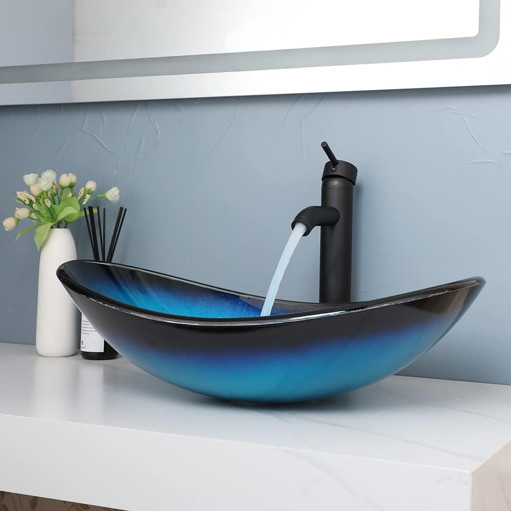 Blue Tempered Glass Vessel Sink with Faucet and Drain 21 Inch Oval Bathroom Sink Above Counter, Bathroom Basin Bowl Sink