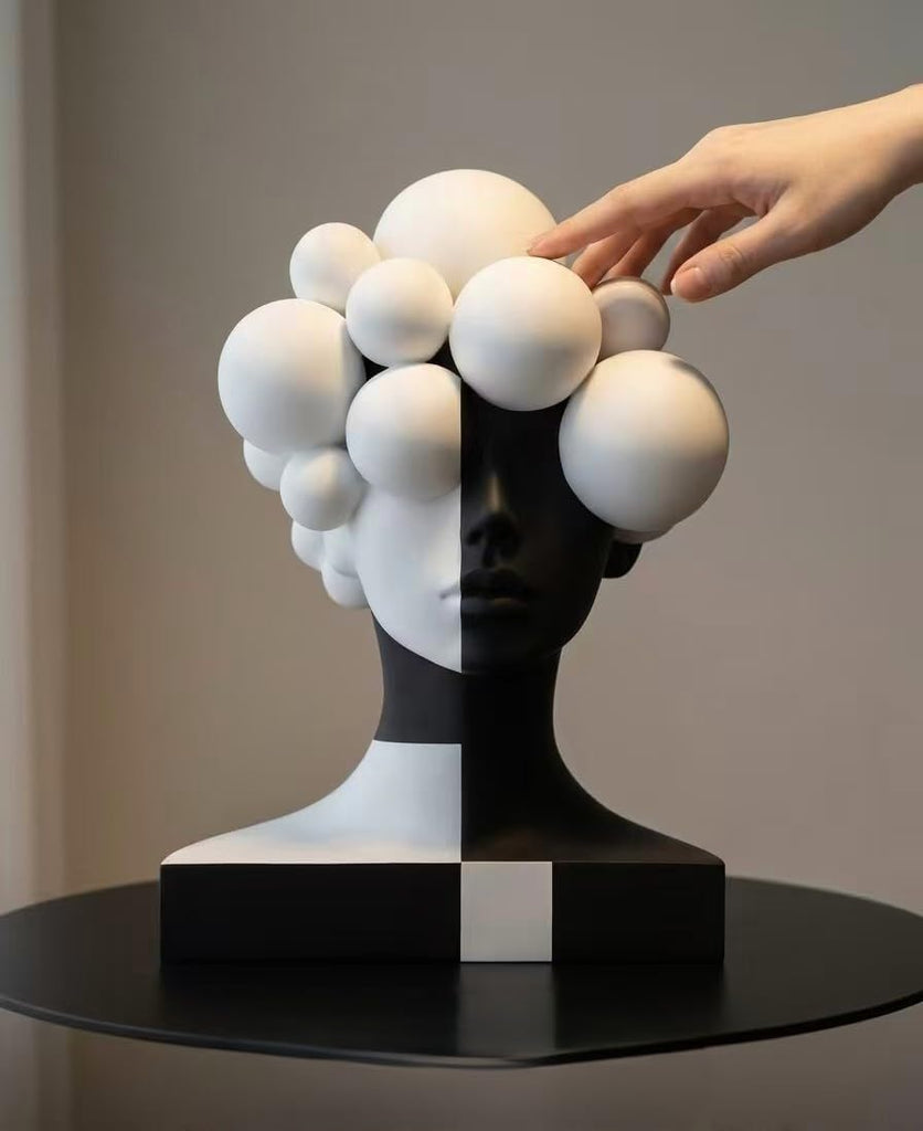 Creative Abstract Geometric Human Bust Sculpture, Resin,Black and White Color Blocking Design, Modern Art Decor