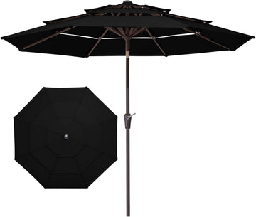 9FT 3 Tier Patio Umbrella Outdoor Market Umbrella Table Umbrellas with 8 Ribs 1.5 Pole Push Button Tilt and Crank UV - B