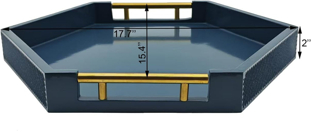 Hexagon Decorative Serving Tray with Polished Gold-Tone Metal Handles, Black Glossy Finish, Large Ottoman and Coffee